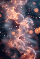 Magical glowing particles forming ethereal wave pattern against dark background with bokeh lights and sparkles in orange and blue tones. Suitable for fantasy designs.