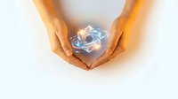 Hands forming protective heart shape around glowing energy spiral with blue light effects on white background for wellness and healing concepts.