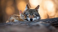 Gray wolf and brown rabbit lying together on fallen tree trunk against blurred golden bokeh background, showing unusual animal friendship and peaceful coexistence in nature.