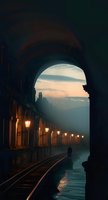 Mysterious railway tunnel with glowing lanterns along arched colonnade at dusk, silhouette of lone figure walking by tracks in foggy atmospheric lighting.