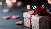 Romantic gift box decorated with red rose and heart pattern ribbon on dark background with pink hearts and bokeh lights, Valentine's day celebration concept.