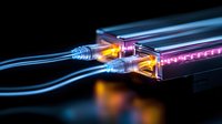 Glowing fiber optic cables connected to digital device with colorful light effects against dark background, showcasing modern technology and data transfer concept.