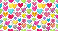 Colorful hearts seamless pattern with cute kawaii faces and various decorative designs on white background for Valentine's Day projects.