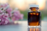 Amber glass bottle with essential oil against soft pink floral background in natural light. Aromatherapy and wellness concept for spa and natural medicine.