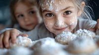 Young girl with flour on face smiling while baking homemade pastries, with another child in background. Family cooking fun.