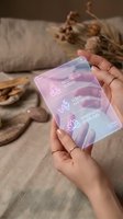 Hands holding translucent wellness app interface card displaying meditation guide, sleep patterns, and mindfulness exercises with lotus icons in serene home setting with dried flowers.