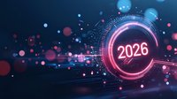 Futuristic digital display showing glowing neon number 2026 with colorful bokeh lights and particle effects on dark blue background.