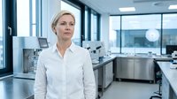 Professional blonde Caucasian female scientist in white lab coat standing confidently in modern research laboratory with equipment and windows.