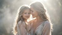 Young blonde mother and daughter sharing tender moment outdoors in soft natural light, expressing love and family connection for Mother's Day campaigns.
