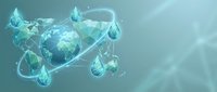 Polygonal globe surrounded by water drops and glowing lines on teal background, symbolizing global water conservation and ecology.