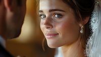 Young Caucasian bride with pearl earrings and veil gazing lovingly at groom during intimate wedding ceremony moment with warm golden lighting.