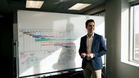 Professional businessman presenting project timeline on whiteboard in modern office conference room for business planning and strategy meetings.