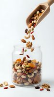 Wooden scoop pouring mixed nuts and dried fruits into glass jar against white background. Healthy snack ingredients including almonds, cashews, walnuts, raisins, and apricots for nutrition.