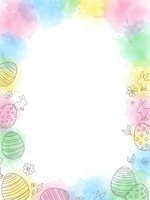 Watercolor Easter frame with decorated eggs and flowers on white background for spring holiday greeting cards and festive designs.