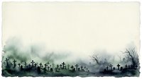 Cemetery graveyard with crosses in misty fog and bare dead tree, isolated on white background for design projects.