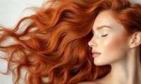 Young woman with flowing red wavy hair against light background, eyes closed in serene expression, showing natural beauty and healthy glowing skin.