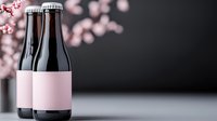 Dark glass bottles with blank pink labels against black background with soft pink cherry blossom bokeh, minimalist product photography setup for beverage branding.