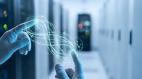 Hands holding glowing digital network lines in modern warehouse setting, representing logistics technology, supply chain management, and data connectivity solutions.