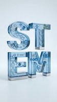 Glossy blue transparent STEM letters with DNA, gears, circuits and E=mc2 formula inside, isolated on white background for education design.