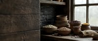Young female baker of mixed ethnicity arranging various grains and cereals in rustic bowls on a wooden windowsill with dark brick wall backdrop, suitable for bakery, food, and culinary content.
