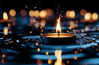 Glowing candle flame creates rippling water reflections with golden bokeh lights in dark blue background, capturing serene meditation atmosphere.