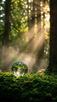 Crystal ball on moss in enchanted forest with golden sunbeams streaming through trees creating magical atmosphere for meditation and spiritual concepts.