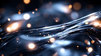Glowing abstract waves with luminous bokeh effects on dark background create dynamic flow pattern with orange and blue light particles in motion.