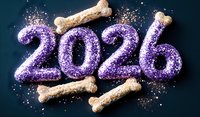 Purple glittery numbers 2026 with dog bone treats arranged on dark background, festive new year concept for pet lovers and animal care businesses.
