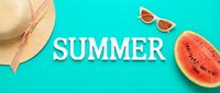 Summer flat lay with straw hat, sunglasses, and watermelon slice on turquoise background with white letters for seasonal design.