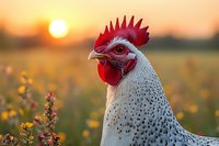 White speckled hen with red comb standing in wildflower meadow at golden hour sunset. Farm poultry portrait for agricultural and rural lifestyle content.