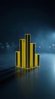 Glowing golden bar chart on digital grid with blue bokeh background, representing data analytics, business growth, financial performance, and market trends for corporate presentations.
