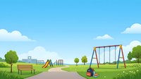 Sunny park scene with wooden bench, playground equipment including swings and slide, green grass, trees, and blue sky with white clouds, suitable for children's books, educational materials, and family-oriented designs.