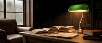 Vintage banker lamp with green shade illuminating open books on wooden desk in cozy library study room with leather chair and window light creating warm atmosphere.