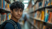 Young South Asian male student with backpack standing in library aisle between bookshelves, looking confidently at camera. Shallow depth of field creates blurred background.