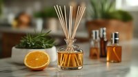 Aromatic reed diffuser with citrus orange and essential oils on marble counter, glass bottles and green plants creating cozy home atmosphere.