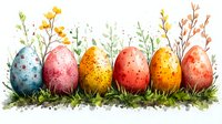 Colorful Easter eggs with speckled patterns arranged in grass with spring wildflowers and delicate botanical elements. Watercolor style seasonal decoration.