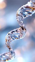 DNA double helix structure with water droplets and golden light reflections, representing genetic research, biotechnology, and molecular science for medical and educational use.