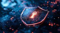 Digital shield with glowing keyhole on circuit board background, representing cybersecurity and data protection in modern technology environment. Orange and blue tones.