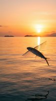 Flying fish leaping from ocean water at golden sunset with warm orange sky and calm sea surface reflecting sunlight creating peaceful marine wildlife moment.