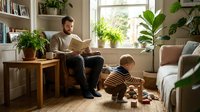 Young Caucasian father reading book while toddler son plays with wooden toys in cozy living room filled with green houseplants and natural sunlight.