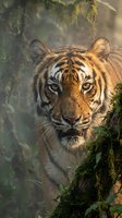 Majestic tiger with orange and black stripes peering through misty forest with hanging vines and moss-covered trees, wildlife and nature photography.