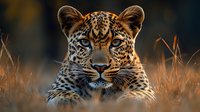 Close-up portrait of majestic leopard with intense blue eyes and spotted fur pattern emerging from golden grass during sunset light, dramatic wildlife scene.