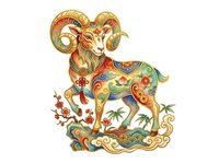 Ornate ram with curved horns featuring intricate floral patterns, decorative swirls, and vibrant colors in gold, red, and green tones on isolated white background. Suitable for clipart, t-shirt design, and print applications.