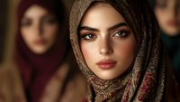 Young Middle Eastern woman wearing traditional hijab headscarf with floral pattern, looking directly at camera with confident expression and natural makeup.