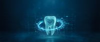 Digital tooth hologram with glowing blue light effects and futuristic interface elements for dental technology and healthcare innovation concepts.