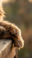 Close-up of orange tabby cat paw resting on wooden surface with warm sunlight and soft bokeh background creating peaceful domestic scene.