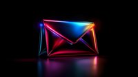 Glowing neon envelope icon with vibrant red and blue light effects on dark background, modern digital communication concept with reflective surface.