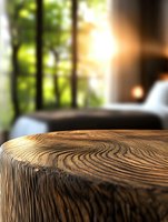 Natural wood texture close-up showing detailed grain pattern on rustic table surface with soft blurred window and sunlight background, creating cozy atmosphere.