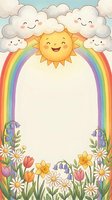 Cute cartoon rainbow frame with smiling sun and clouds over spring flowers border for children greeting cards and nursery decor.