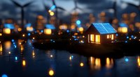 Miniature house with solar panels glowing ateh lights reflecting on water surface creating magical atmosphere. Perfect for sustainability themes.